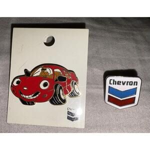 Vintage Chevron Gas Station Pins Lot Of 2 Red Car & Chevron Logo Techron